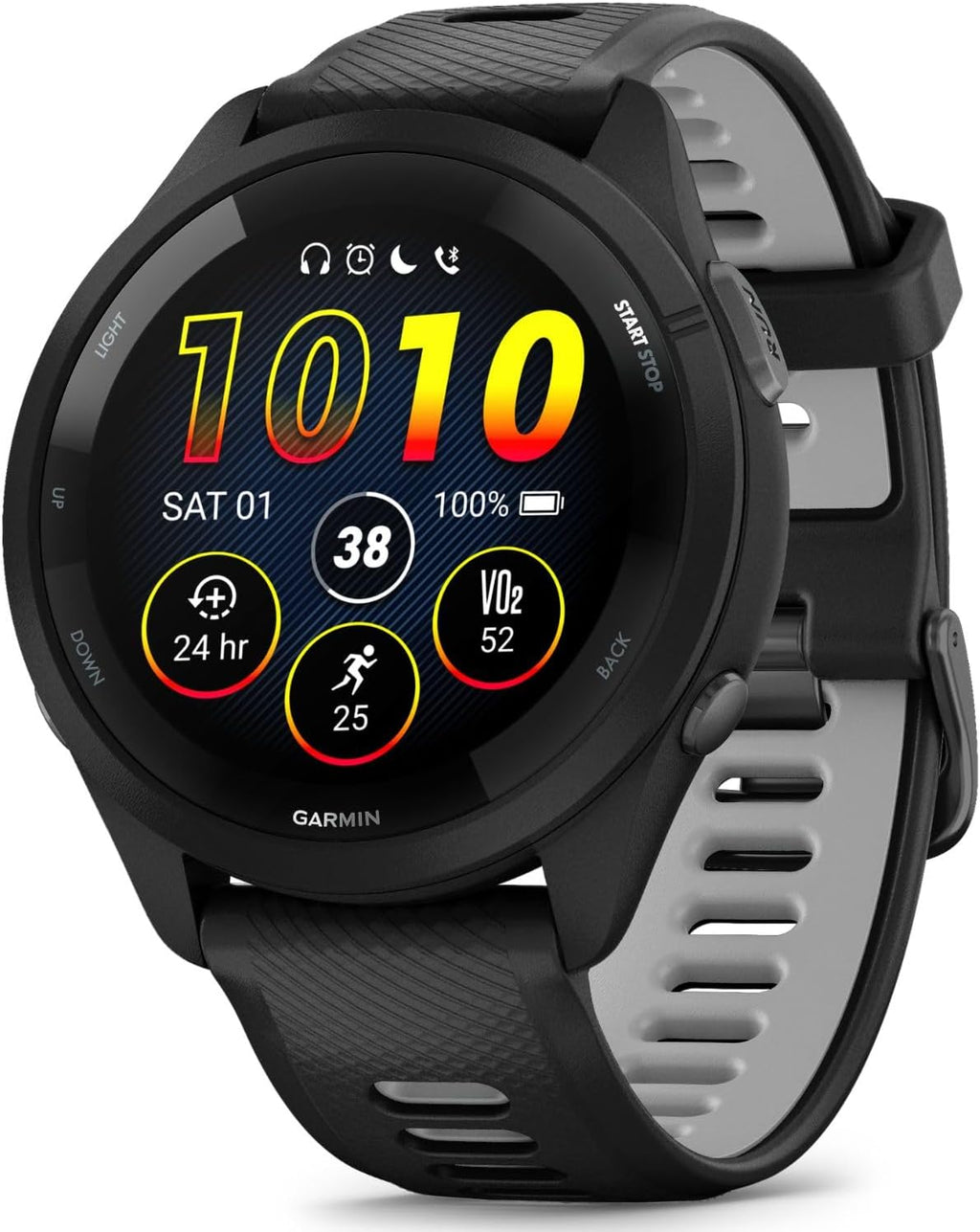 Garmin Forerunner 265 GPS Smartwatch - 46mm, Black/Powder Gray Bundle with Deco Essentials Charging Dock Venu 3 + Silicone Dust Cover + Round Tempered Glass Screen Protector