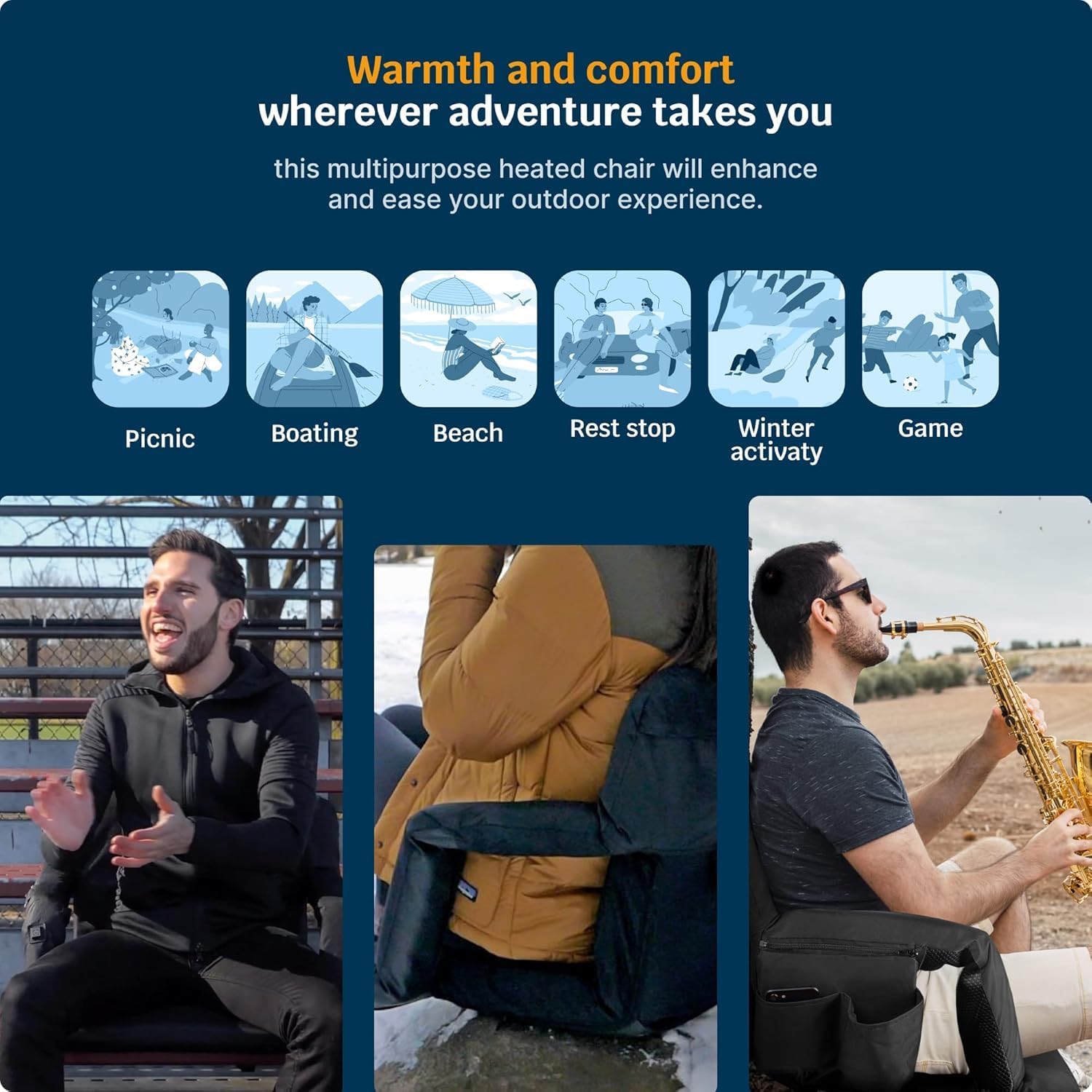 Alpcour Heated Reclining Stadium Seat for Bleachers – Wide Bleacher Chair with Back Support and Cushion, Armrests, Side Pockets, & Hook – Stadium Seats Chairs for Camping, Kayak, Paddle Board & More