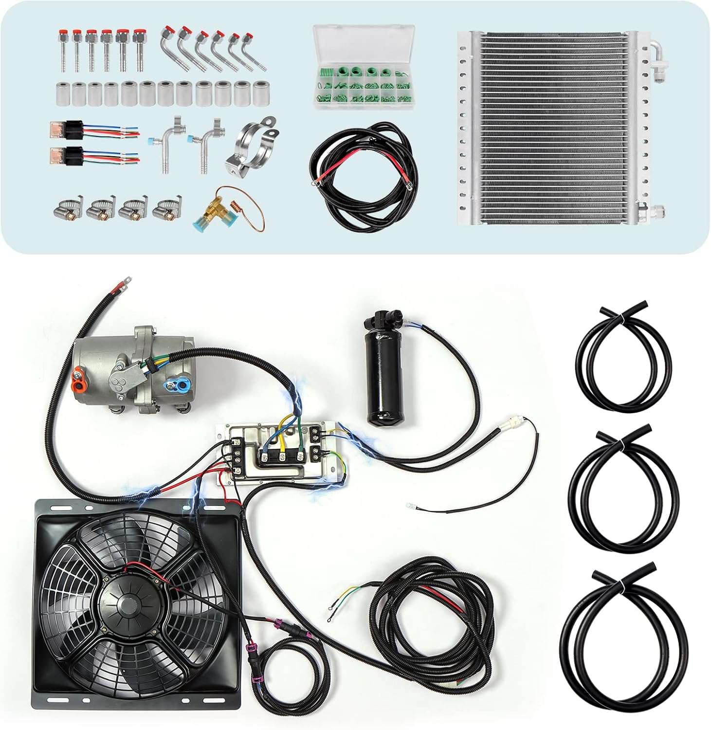 12V car electric air conditioning unit DC air conditioning kit, applicable to electric A/C systems of cars, pickup trucks, RV, trucks, agricultural vehicles, excavators, etc (Voltage 12V)