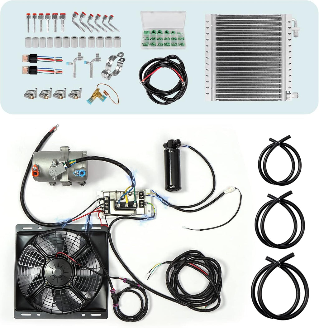 12V automobile air conditioner electric compressor kit, applicable to classic cars, pickup trucks, RV, trucks, agricultural vehicles, excavators, vans, etc。12V DC A/C (12V single cooling)