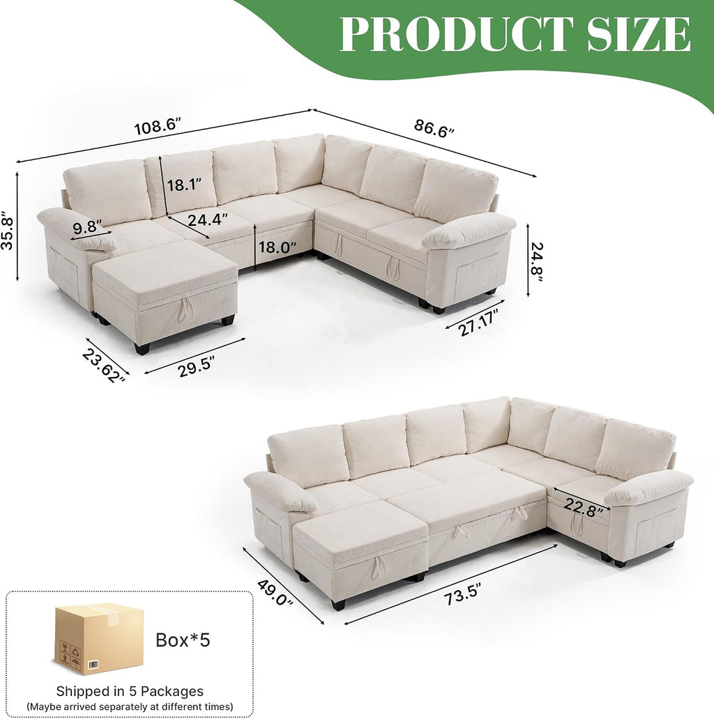 Modular Sectional Sofa with Pull Out Bed Sleeper Sofa L Shaped with Storage, Sectional Couch for Living Room Convertible Sofa Bed with Removable Sofa Cover(7 Seats Beige)