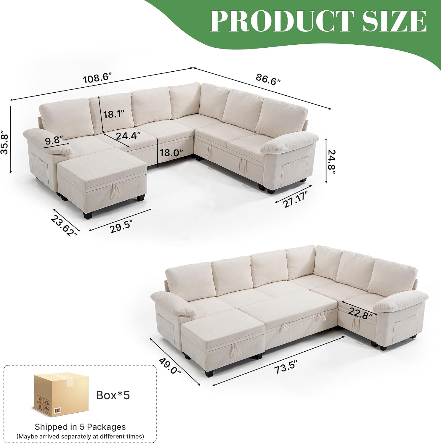 Modular Sectional Sofa with Pull Out Bed Sleeper Sofa L Shaped with Storage, Sectional Couch for Living Room Convertible Sofa Bed with Removable Sofa Cover(7 Seats Beige)