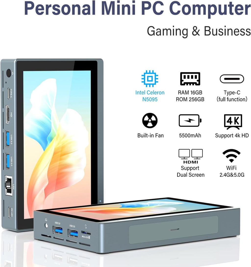HIGOLEPC Mini PC Win 11 Pro Celeron N5095 Mini Computer with Fan,16GB DDR4,256GB ROM Mini PC with Screen Micro PC Full-Featured USB-C 4K 60Hz Triple Display Mini Gaming Computer WiFi 5.0 BT5.0