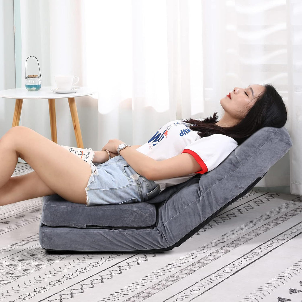Indoor Chaise Lounge Sofa, Floor Chair with Back Support for Adults, 14 Angle Adjustment Recliner Chair, Folding Floor Lounger with Pillow 8823(Grey)