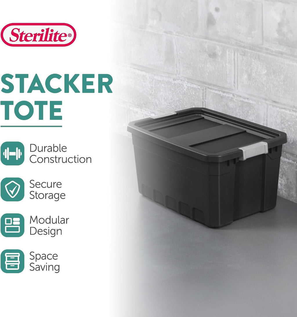 Sterilite 12-Pack Plastic Storage Bins with Lids, Stackable Containers, 19 Gallon, Black
