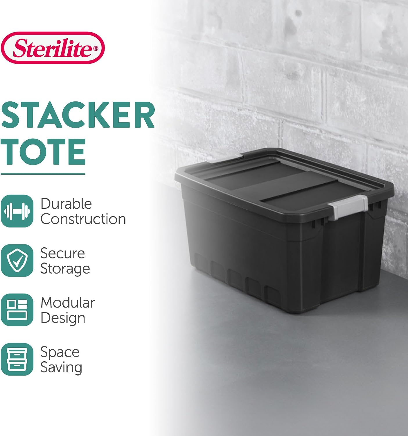 Sterilite 12-Pack Plastic Storage Bins with Lids, Stackable Containers, 19 Gallon, Black