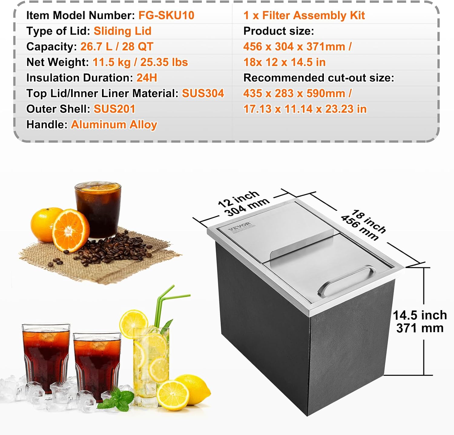 VEVOR Drop in Ice Chest, 18'L x 12'W x 14.5'H Stainless Steel Ice Cooler, Commercial Ice Bin with Sliding Cover, 40.9 qt Outdoor Kitchen Ice Bar, Drain-pipe and Drain Plug Included, for Cold Wine Beer