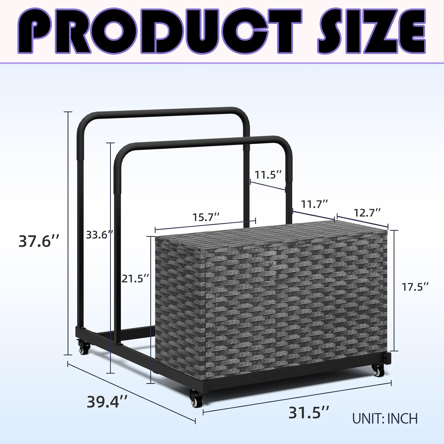 FONTOI Pool Storage, Pool Float Storage Bin with Wheels, Waterproof Metal with Rattan Pattern Textured UV Print Outdoor Pool Towel Rack, All-Weather Float Storage Organizer for Cushions, Black