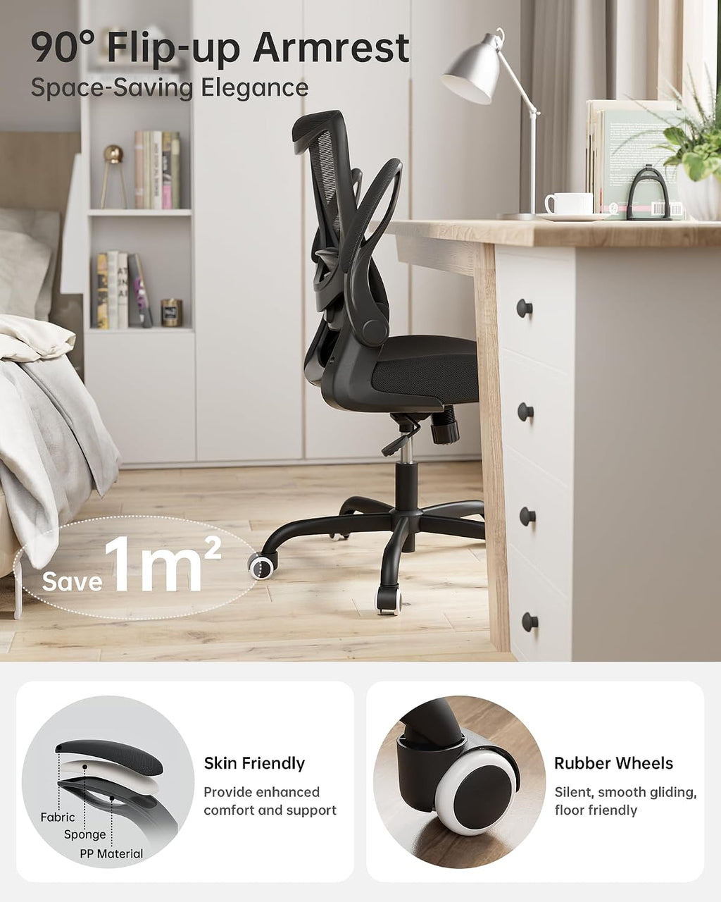 MUXX.STIL Office Chair, Ergonomic Desk Chair with Adjustable Lumbar Support and Flip up Armrest, Breathable Mesh Computer Chair for Home Office, Black