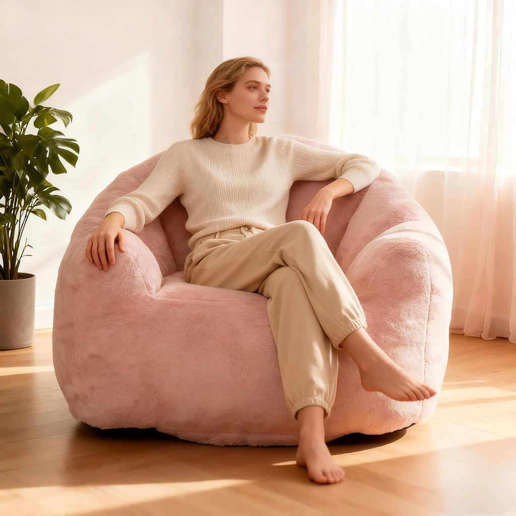 Bean Bag Chair, Giant Beanbag Chiar for Adults and Teens, Faux Fur Shell-Shaped Floor Sofa Couch with Filler, Comfy Chair for Living Room Reading, Gaming and Relax