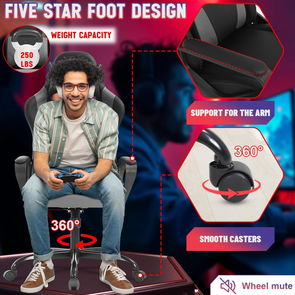 Dopinmin PU Leather Ergonomic Gaming Chair Esports Computer Chair Boss Chair with Lumbar Cushion and Retractable Footrest Video Game Chair for Streaming,Grey