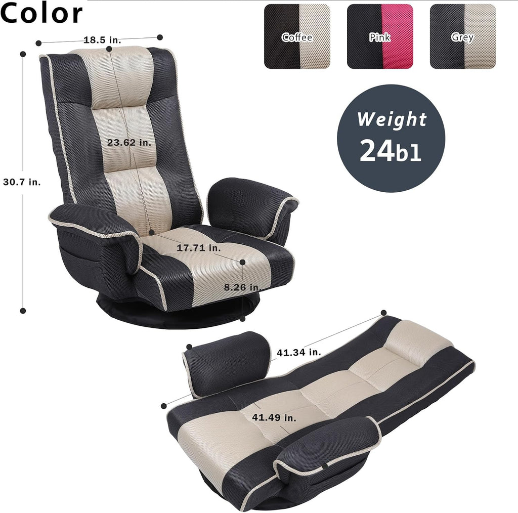 360 Degree Swivle Adjustable Floor Chair, Chaise Lounge Indoor, Folding Lazy Sofa with Armrests and Side Pocket Adults Gaming Chairs for Living Room, Bedroom Factory Price 201 (BK-GR)