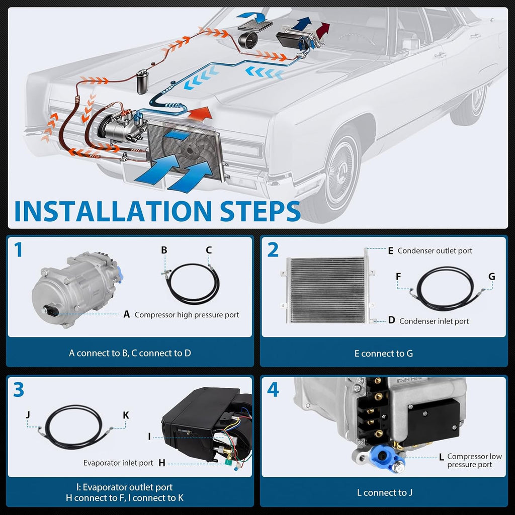 Universal Under Dash Electric Air Conditioner Heating and Cooling 12 Volt DC 10000 BTU A/C Unit Kit, AC Heater System with Evaporator Condenser Compressor for Car RV Van Truck ATV Pickup Tractor