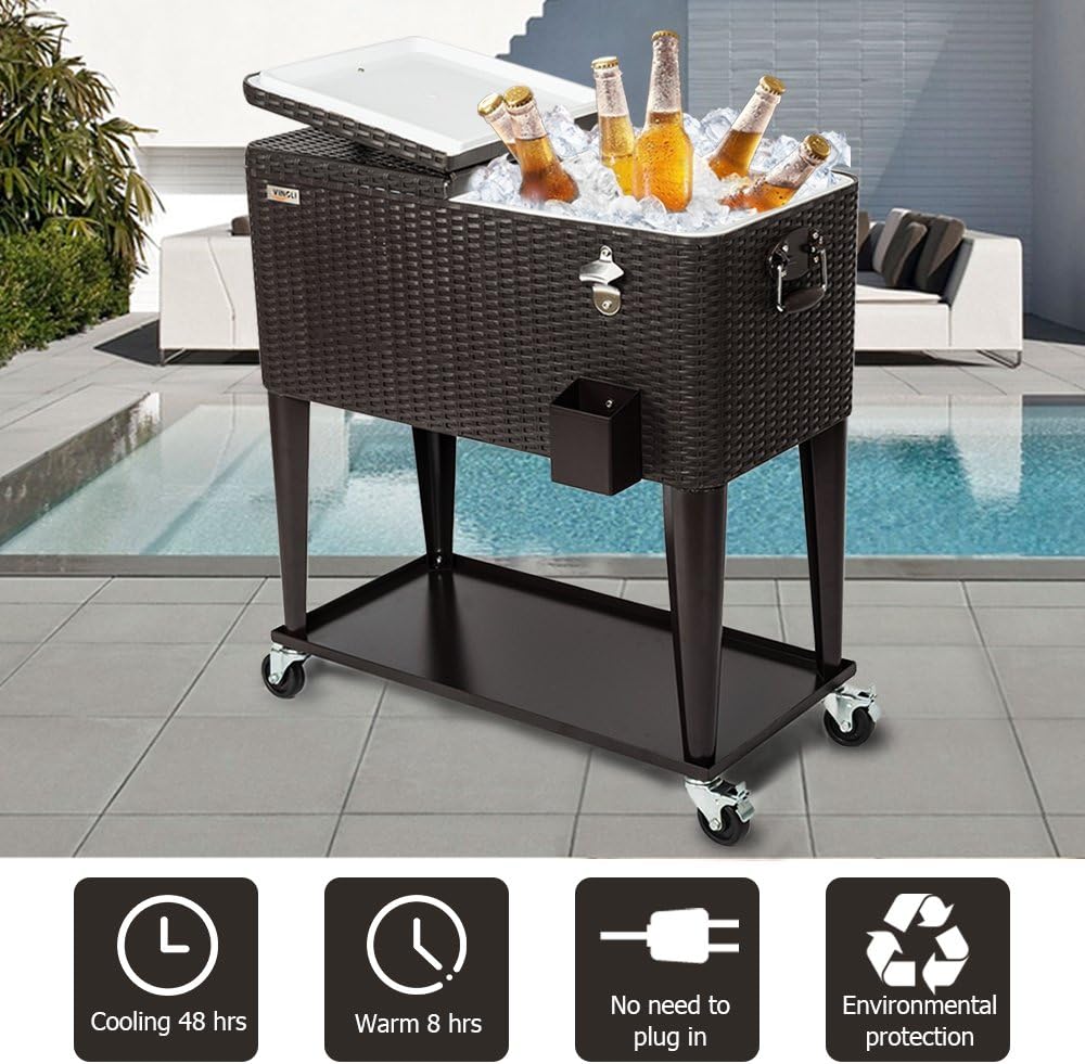 VINGLI 80 Quart Rolling Ice Chest, Portable Patio Party Bar Drink Cooler Cart, with Shelf, Beverage Pool with Bottle Opener (Brown)