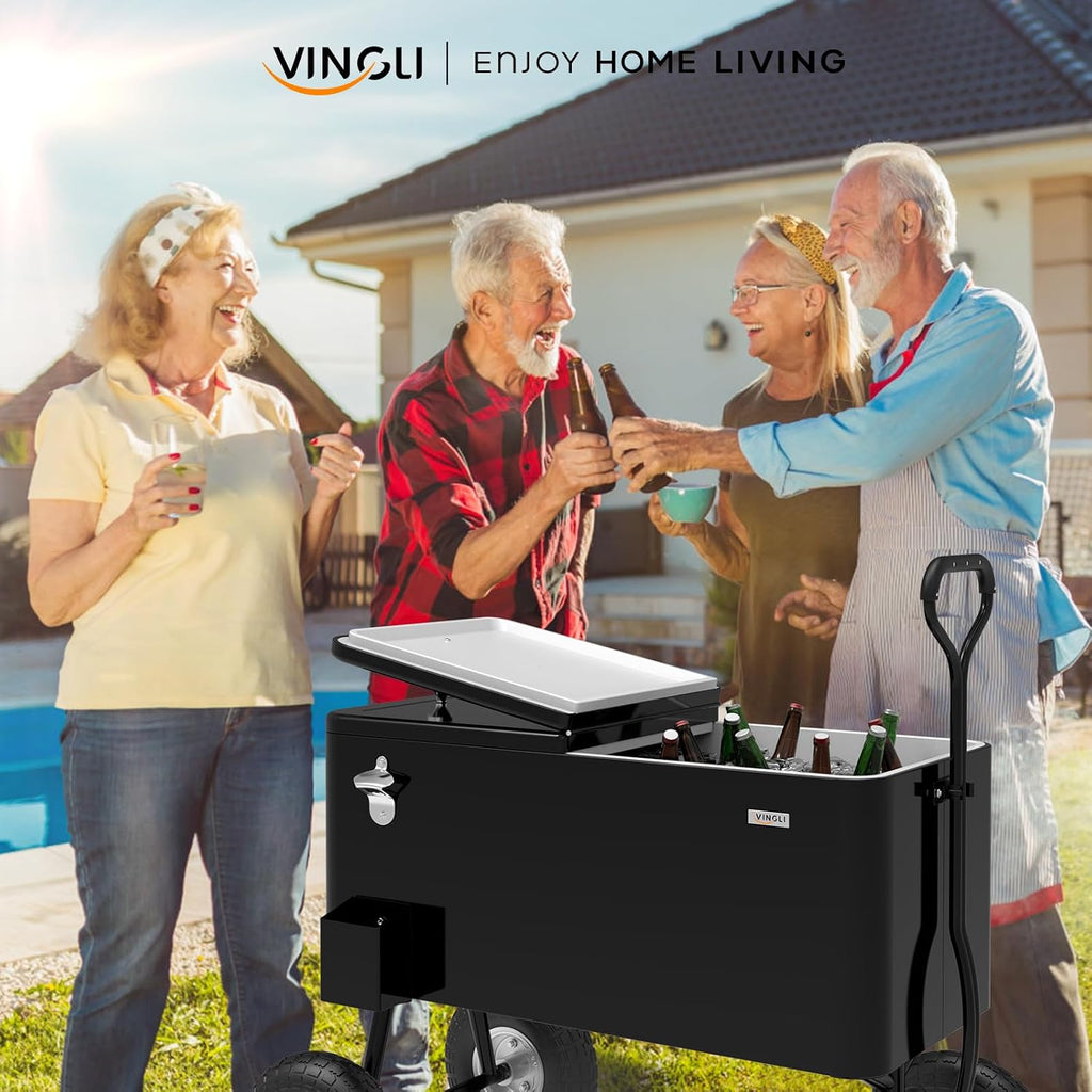 VINGLI 80 Quart Wagon Rolling Cooler Ice Chest, w/Long Handle and 10' Wheels, Portable Beach Patio Party Bar Cold Drink Beverage, Outdoor Park Cart on Wheels