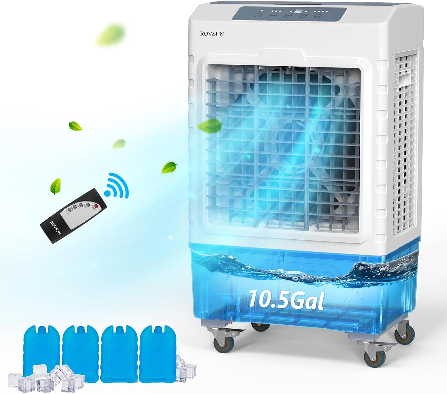 ROVSUN 2600CFM Portable Air Cooler, 10.5Gal/40L Evaporative Swamp Cooler, 3-IN-1 Cooling Fan with Remote Control, 3 Speeds, 7.5H Timer & 4 Ice Box, Humidifying Oscillating Fan for Indoor or Outdoor
