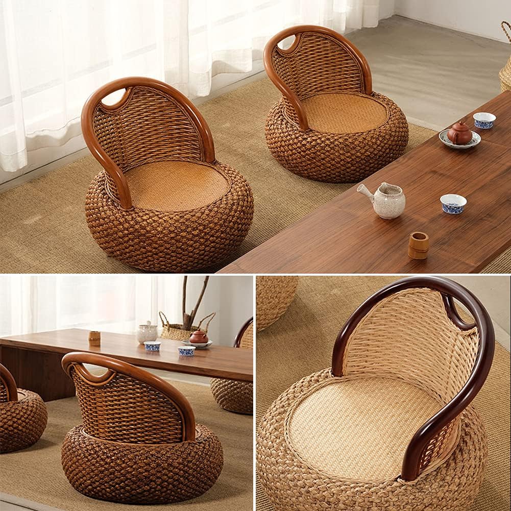 Round Rattan Floor Chair with Ergonomic Backrest Floor Lazy Chair Tatami Floor Seat Floor Meditation Chair Floor Seat Futon for Home and Office Decoration (Mixed Color)