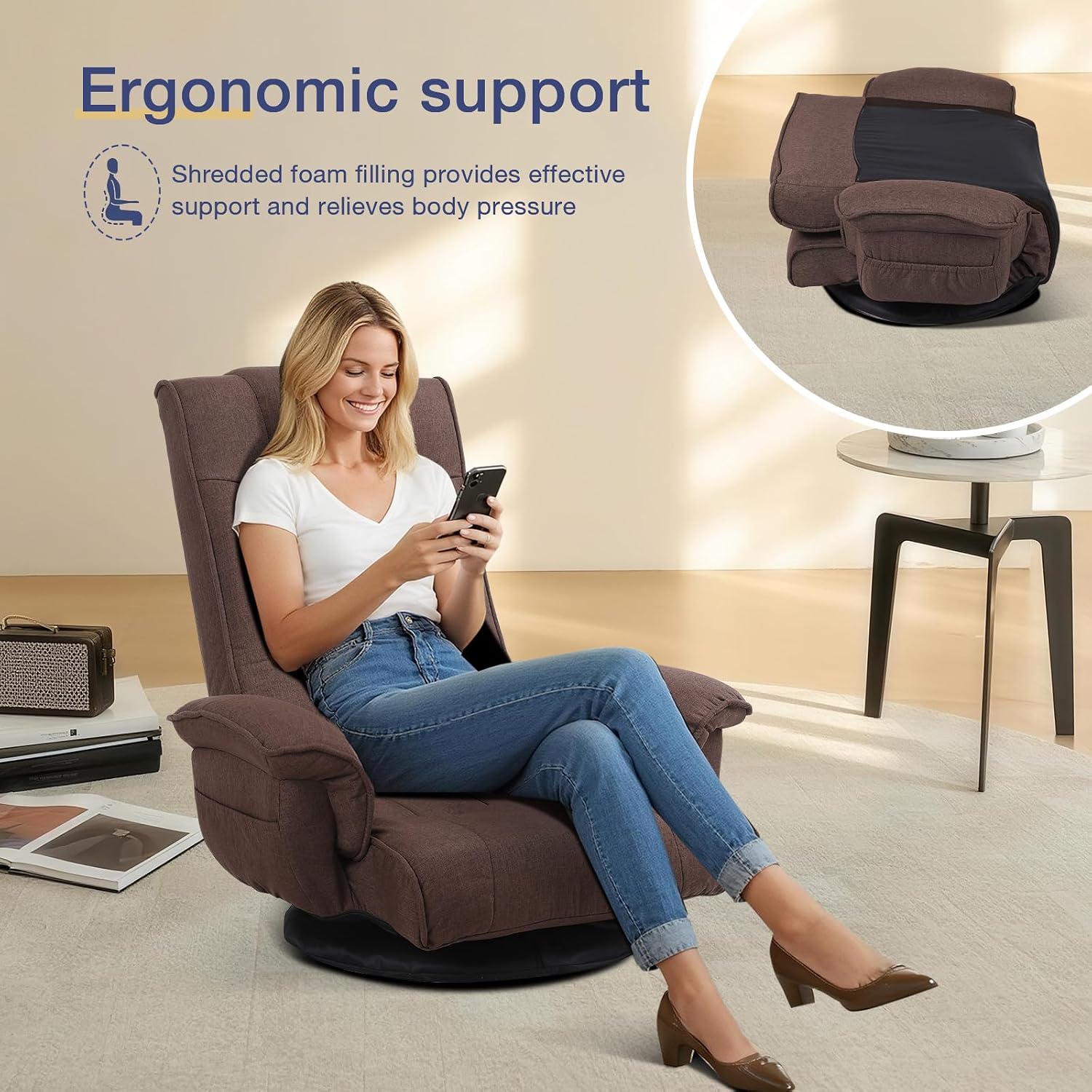 Linen Fabric Ergonomic Gaming Chair, 6-Position Reclining Sofa Bed with Lumbar Support, Foldable Floor Lounger with Thick Cushion, Armrests & Side Pockets for Esports, Reading, Napping (Brown)