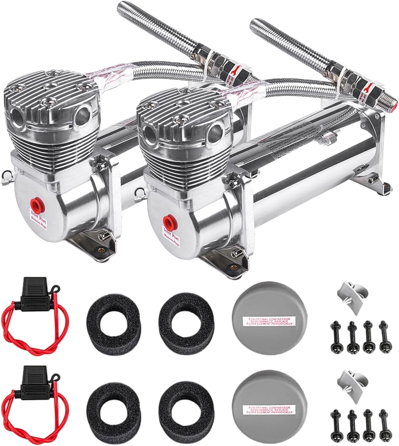 Heavy Duty 200 PSI Air horn Compressor Dual Value Pack, 3/8 NPT Train Horn/Air Ride Compressor, Fittings for 12V Train/Truck/Car,Air Suspension horn Compressor SILVER