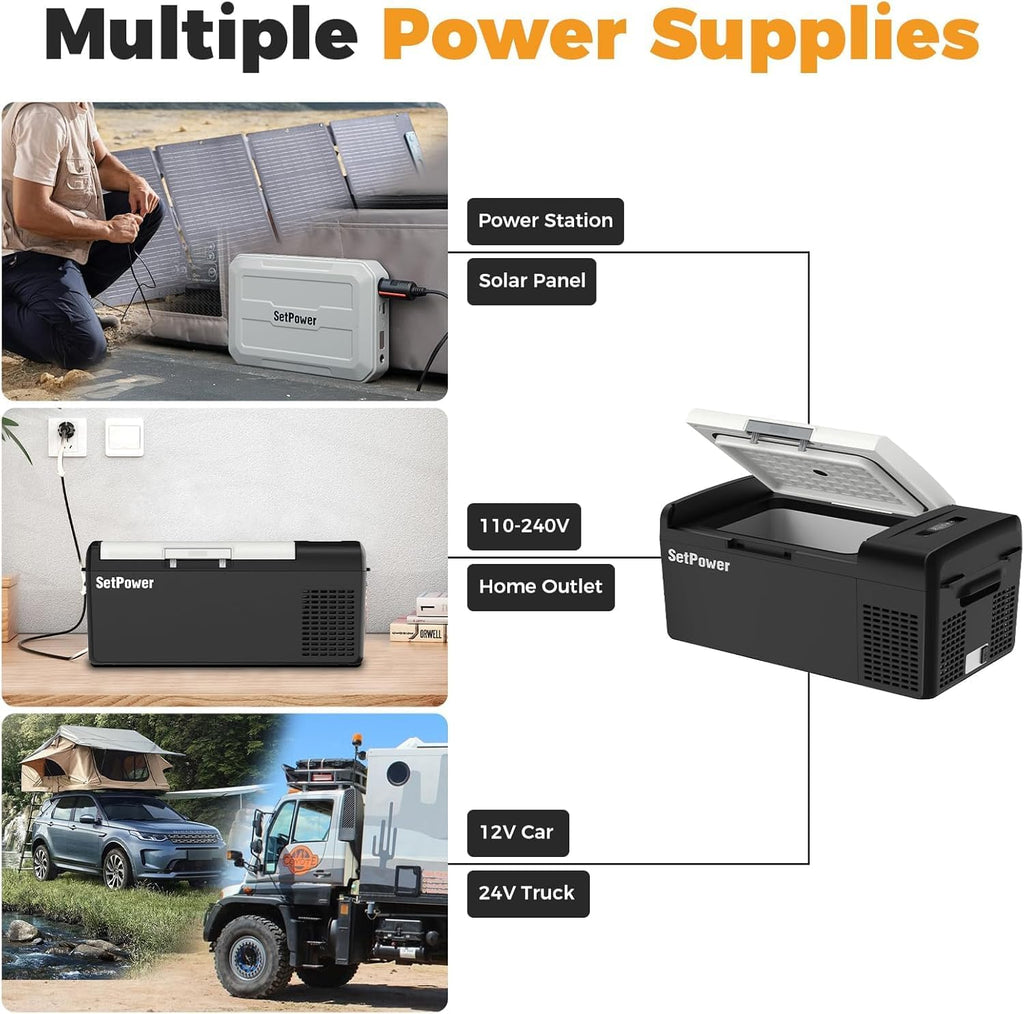 Setpower 15L/15.8QT Portable Car Refrigerator With Slide, 12V/24V DC, Electric Cooler and Freezer for Trucks, RVs, Camping, and Road Trips (Black)