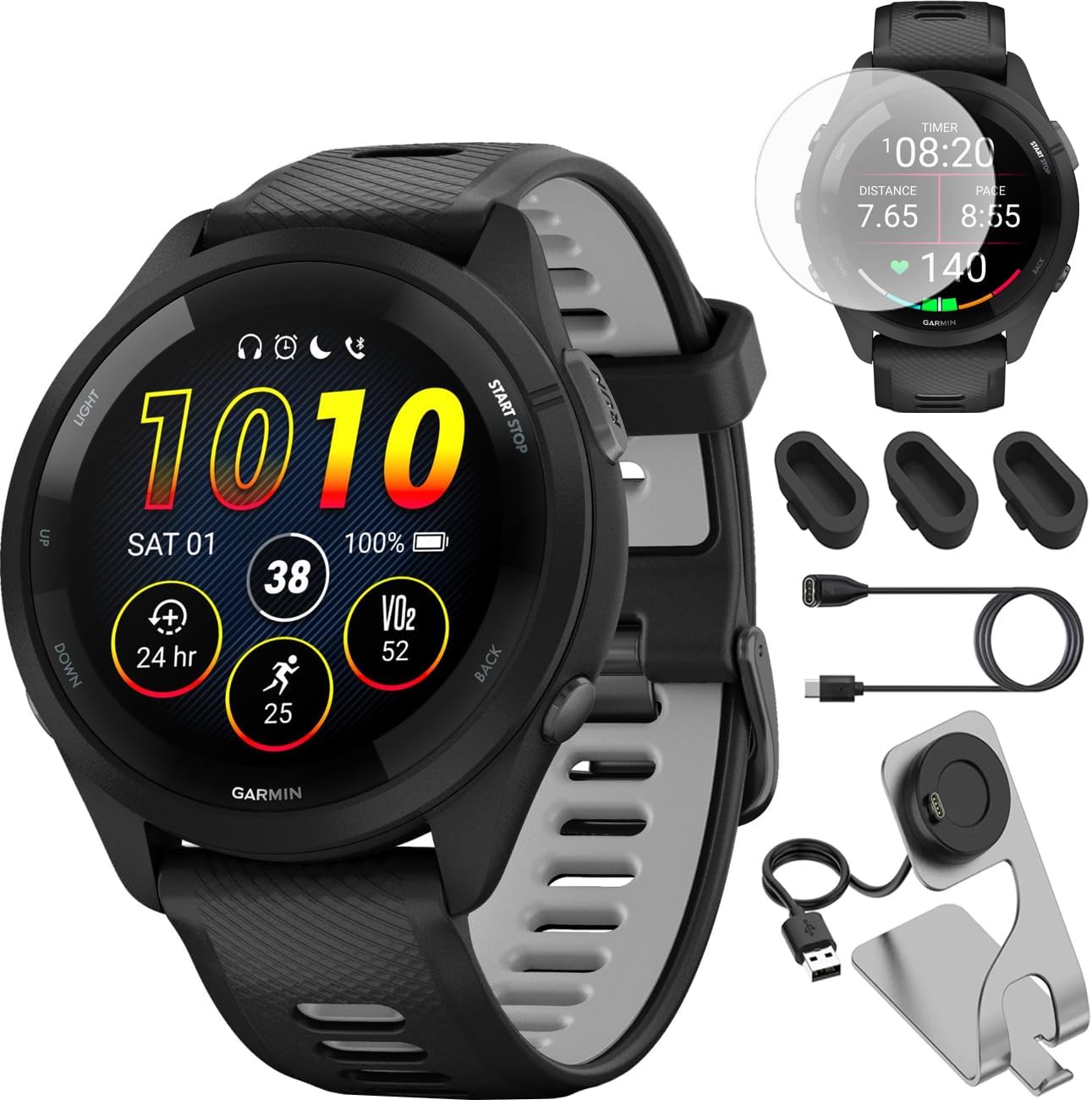 Garmin Forerunner 265 GPS Smartwatch - 46mm, Black/Powder Gray Bundle with Deco Essentials Charging Dock Venu 3 + Silicone Dust Cover + Round Tempered Glass Screen Protector