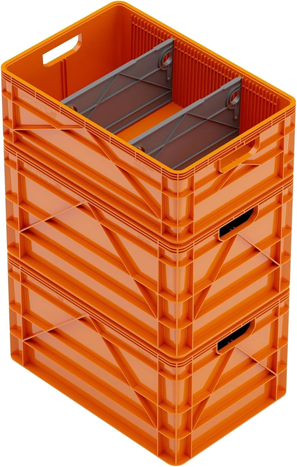 SIDIO Crate Basic Pack - 2 Full-Size & 1 Half-Size Heavy Duty Stackable Storage Bins, Totes and Containers with Dividers - Durable Plastic Organizer for Home, Office, Garage, and Outdoor Use, Orange