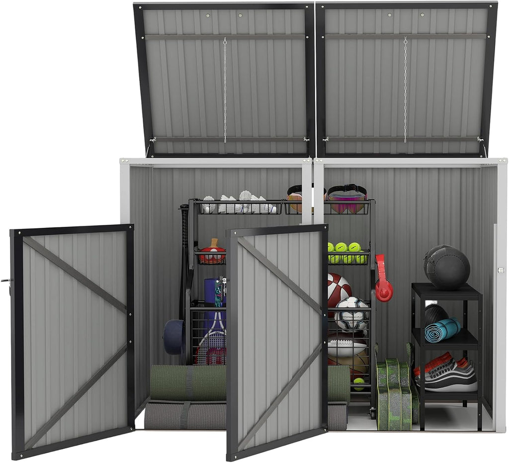 Garbage Bin Shed Stores 2 Trash Cans Metal Outdoor Bin Shed for Garbage Storage,54 Cubic feet of Space,Stainless Galvanized Steel, Bin Shed for Garden Yard Lawn,Grey