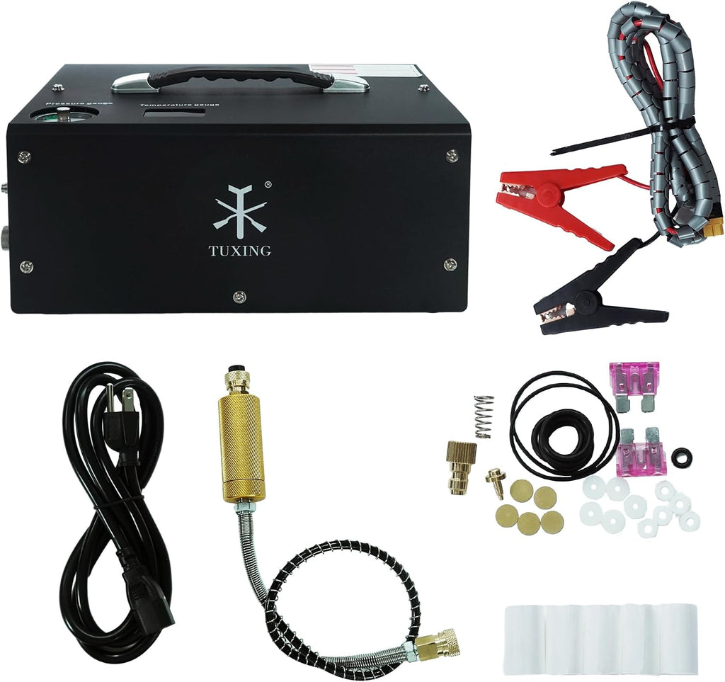 TUXING Portable PCP Air Compressor, 4500Psi/30Mpa, Auto Stop,Built-in Converter Powered by Car 12V DC or Home 110V AC,Paintball Tank Compressor with Extra Moisture-Oil Separator