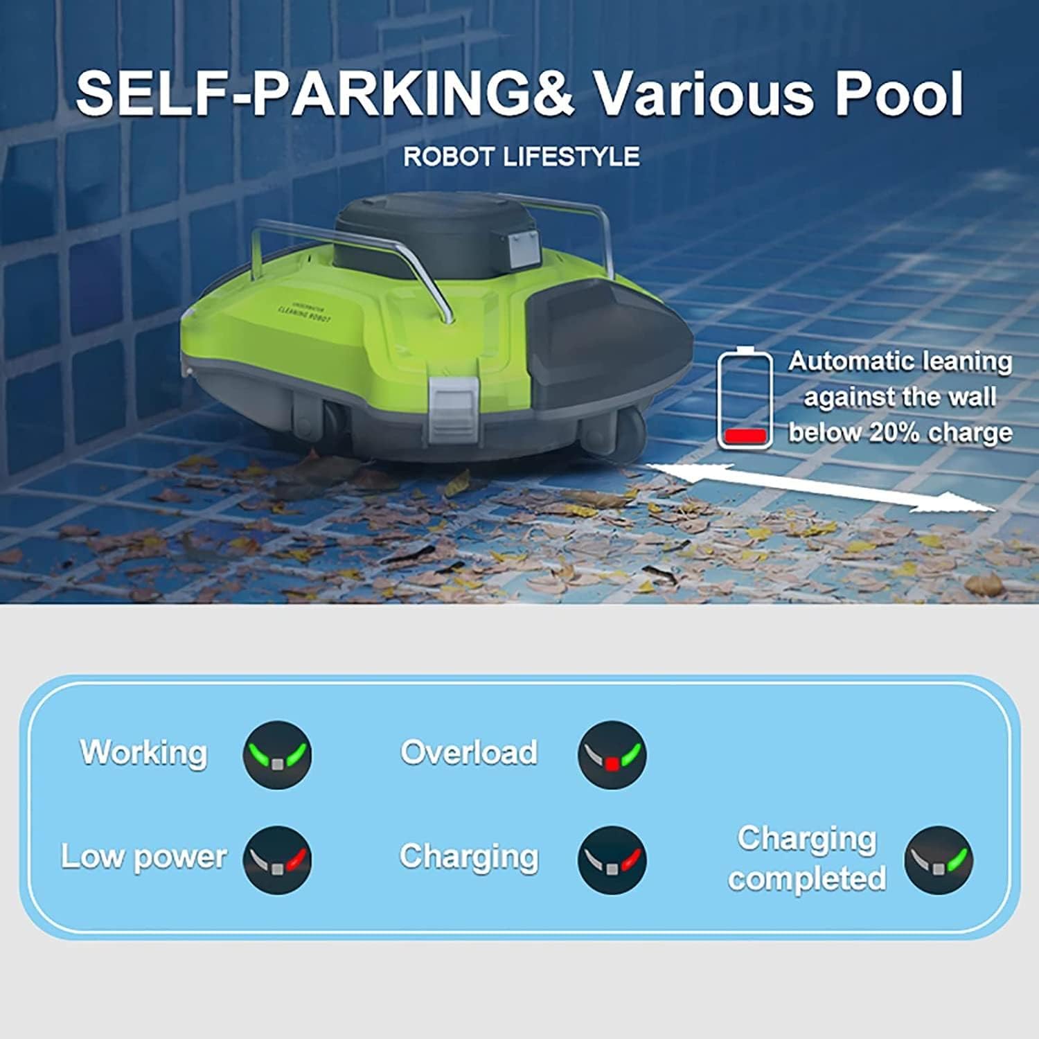 Automatic Cordless Pool Cleaning Robot,Dual-Motor, Self-Parking, Pool Cleaning Equipment Swimming Pool Vacuum Cleaning Robotic Rechargeable