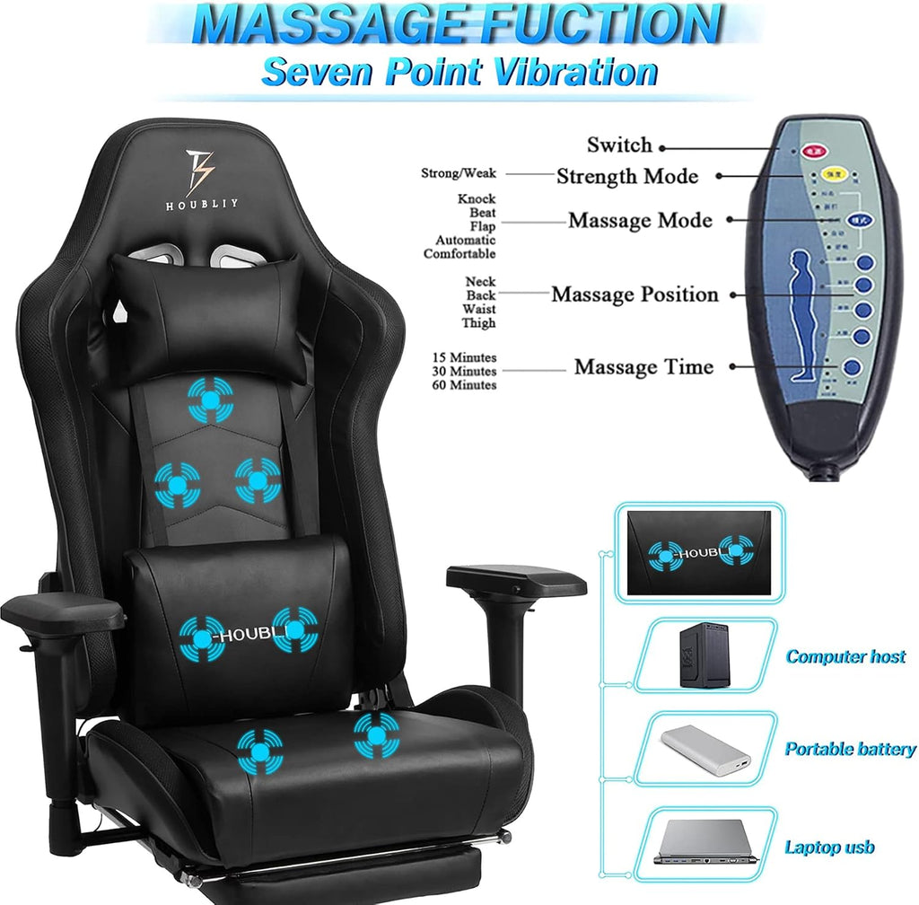 Big and Tall Gaming Chair with Speakers and RGB Lights 7-Point Massage Ergonomic PC Computer Chair with Footrest Headrest Lumbar Support 4D Armrests PU Leather Game Chair Racing Chair,Black