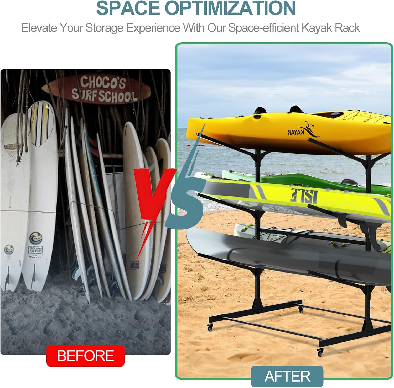 RELIANCER Freestanding Kayak Storage Rack w/Wheel,Adjustable Kayak Stand for Boat Dock,Garage,Indoor & Outdoor Canoe and Kayaks Holder,Water Sport Watercraft Storage Rack for SUP,Surfboard