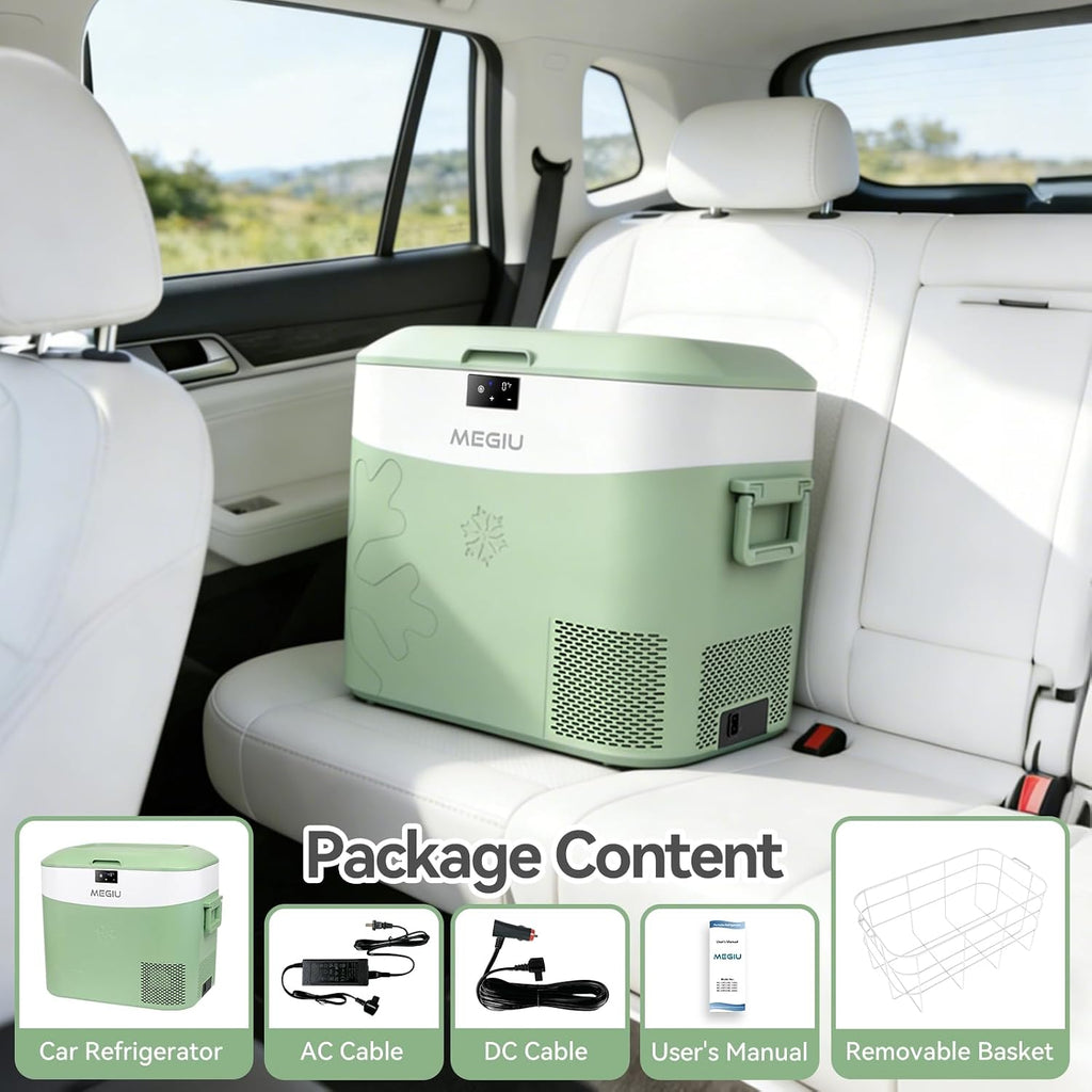 Megiu Car Fridge Portable 12 Volt Refrigerator 23 Quart (22 Liter) Freezer Compressor Cooler 12V/24V DC 110～240 V AC for Outdoor, Camping, Travel, Home Use -18℃~+15℃ (Green)