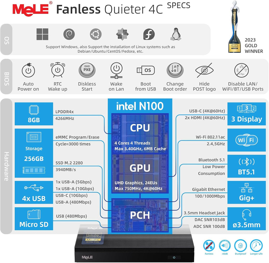 MeLE Mini PC Quieter 4C - 12th Gen N100, Fanless PC, 8GB Memory, 256GB SSD Storage, 2.4/5G Wi-Fi, Full-Functional USB-C, 4K Triple Display Desktop on Home, Office, Education, Astrophotography