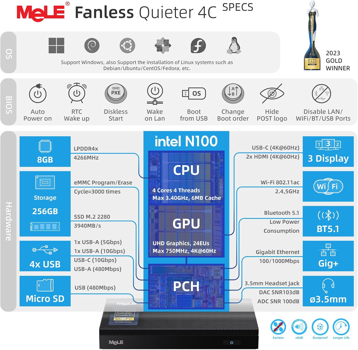 MeLE Mini PC Quieter 4C - 12th Gen N100, Fanless PC, 8GB Memory, 256GB SSD Storage, 2.4/5G Wi-Fi, Full-Functional USB-C, 4K Triple Display Desktop on Home, Office, Education, Astrophotography