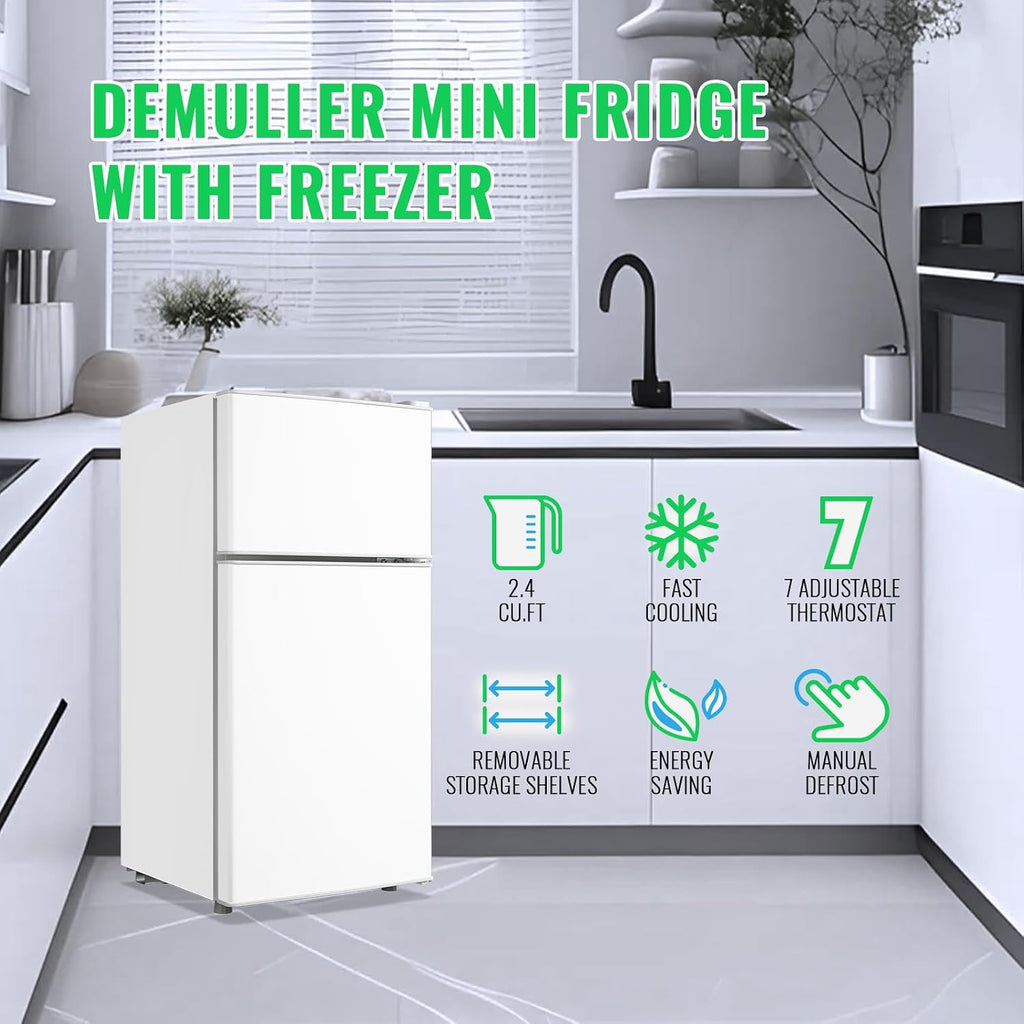 DEMULLER 45L Mini Fridge with Top Freezer Small Refrigerator with Two Door & 7 Temperature Settings & 2 Remoable Shelves Ideal for Kitchen Office Apt White
