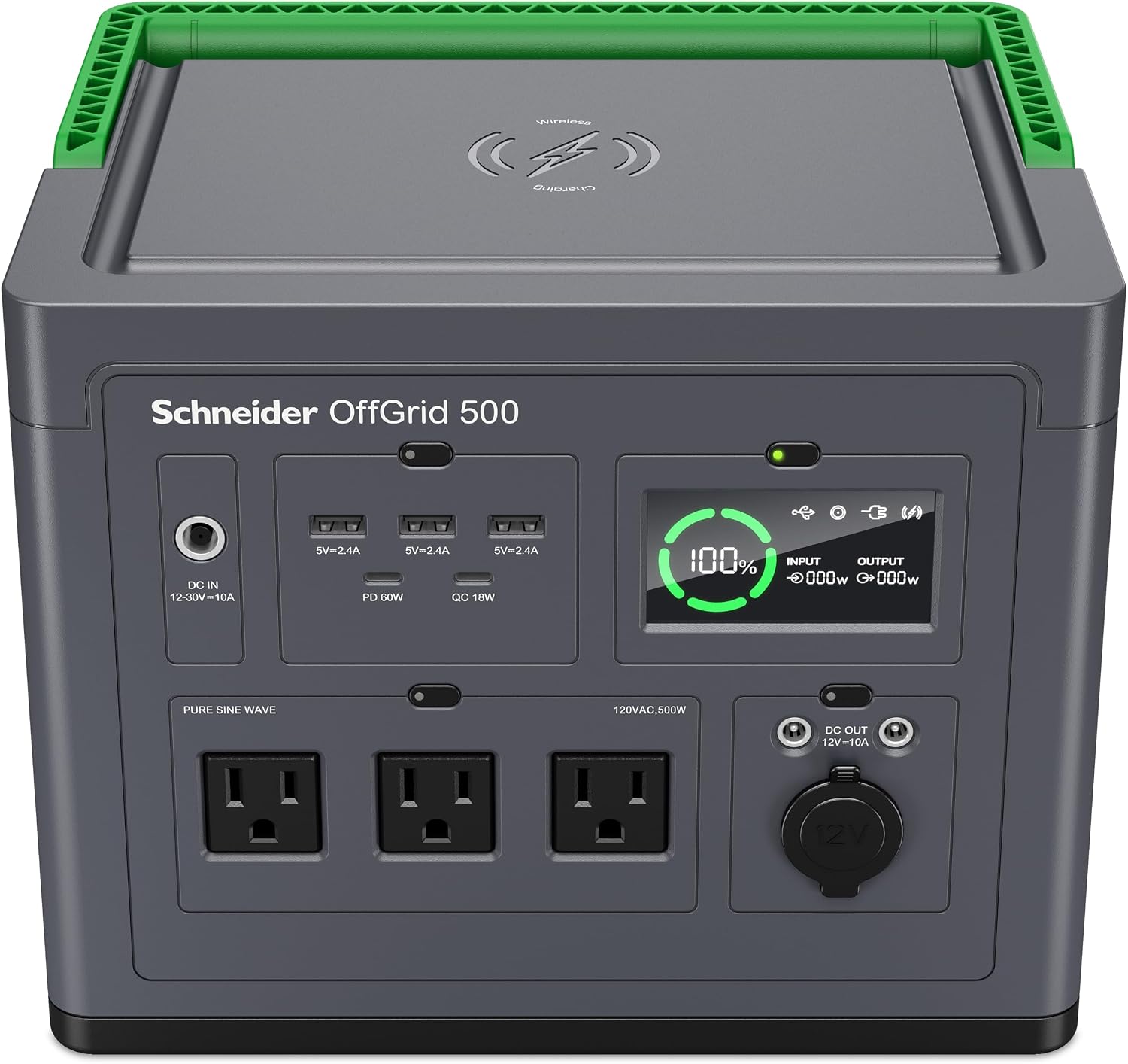 Schneider OffGrid 517Wh Portable Power Station, PPS500 Portable Solar Generator with Wireless Charging Pad, for Camping or Home
