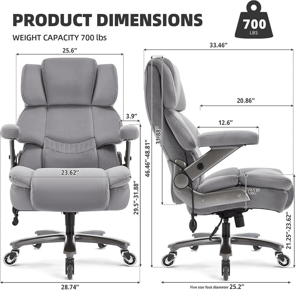 VUZI 700LBS Large Heavy Duty Office Chair with 3D Flip Arms, Big and Tall Plus Size Fabric Executive Desk Chairs, High Back Extra Wide Computer Chair with Adjustable Lumbar Support, Sturdy Metal Base
