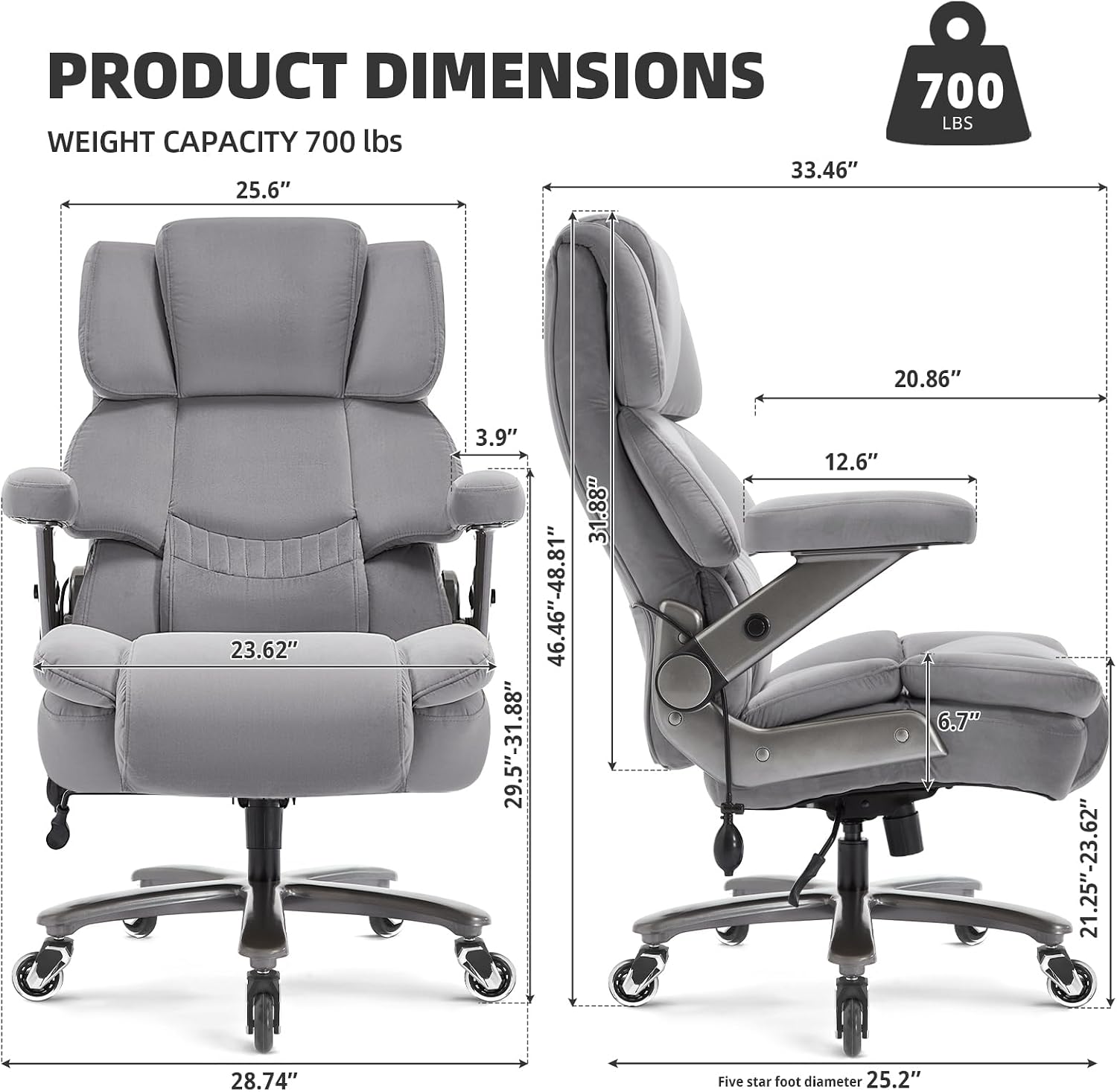 VUZI 700LBS Large Heavy Duty Office Chair with 3D Flip Arms, Big and Tall Plus Size Fabric Executive Desk Chairs, High Back Extra Wide Computer Chair with Adjustable Lumbar Support, Sturdy Metal Base