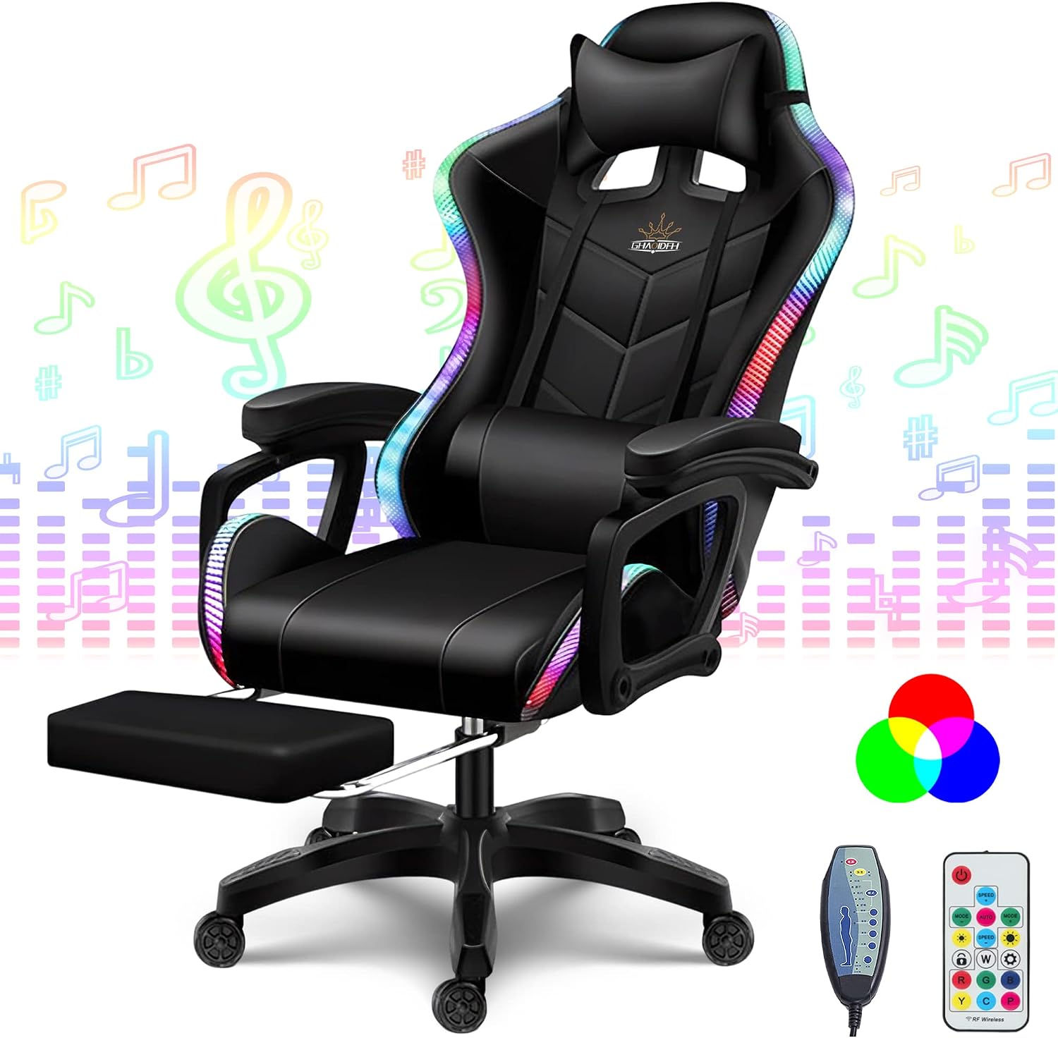 RGB Computer Chair with Footrest Full Massage Gaming Chair with Speakers Video Game Chair with Lumbar Support Headrest PU Leather 360°Swivel Recliner Chair High Back Office Chair for Gaming,Black
