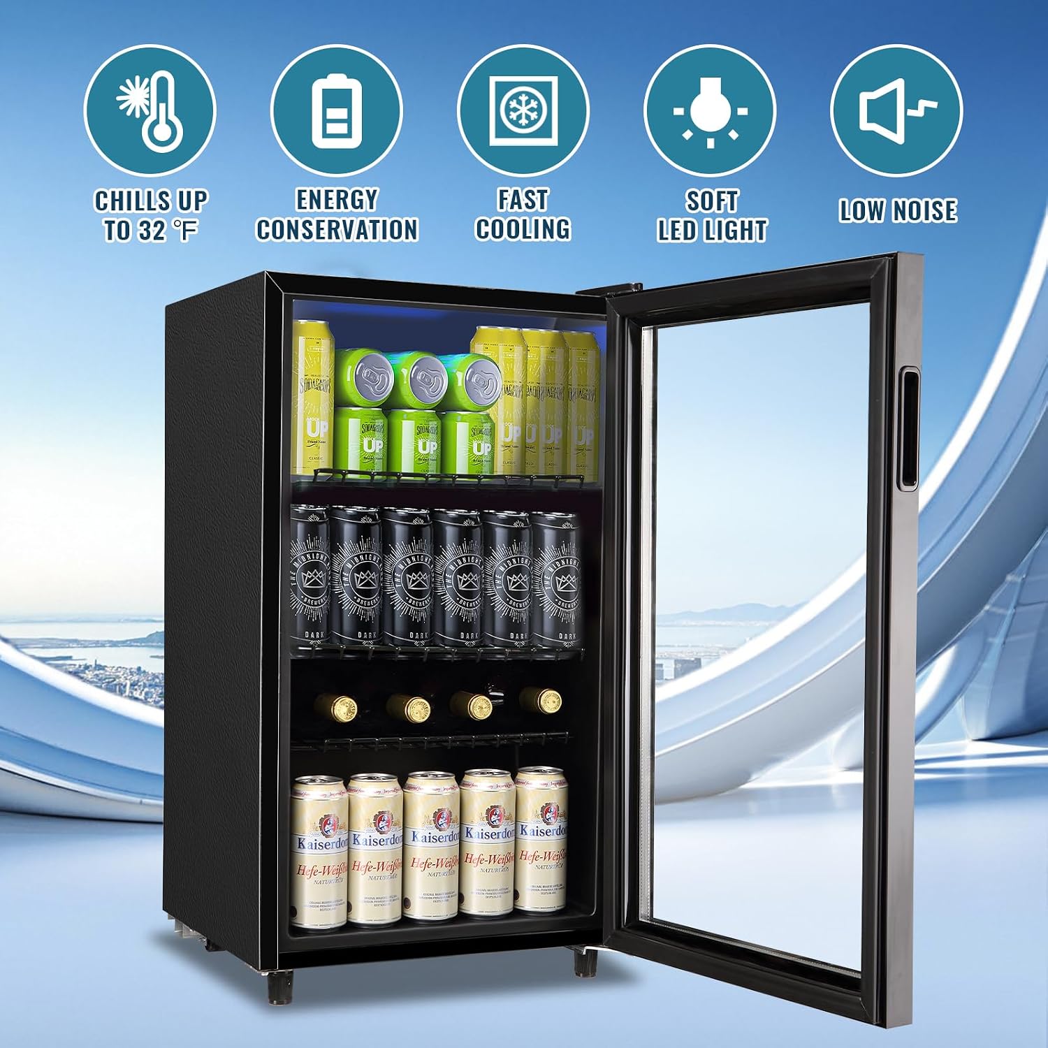 WANAI Mini Fridge Glass Door 120 Cans Beverage Refrigerator Small Wine Cooler Clear Front Drinks Fridge for Soda Beer Bar Home Office with 7 Thermostat LED Light