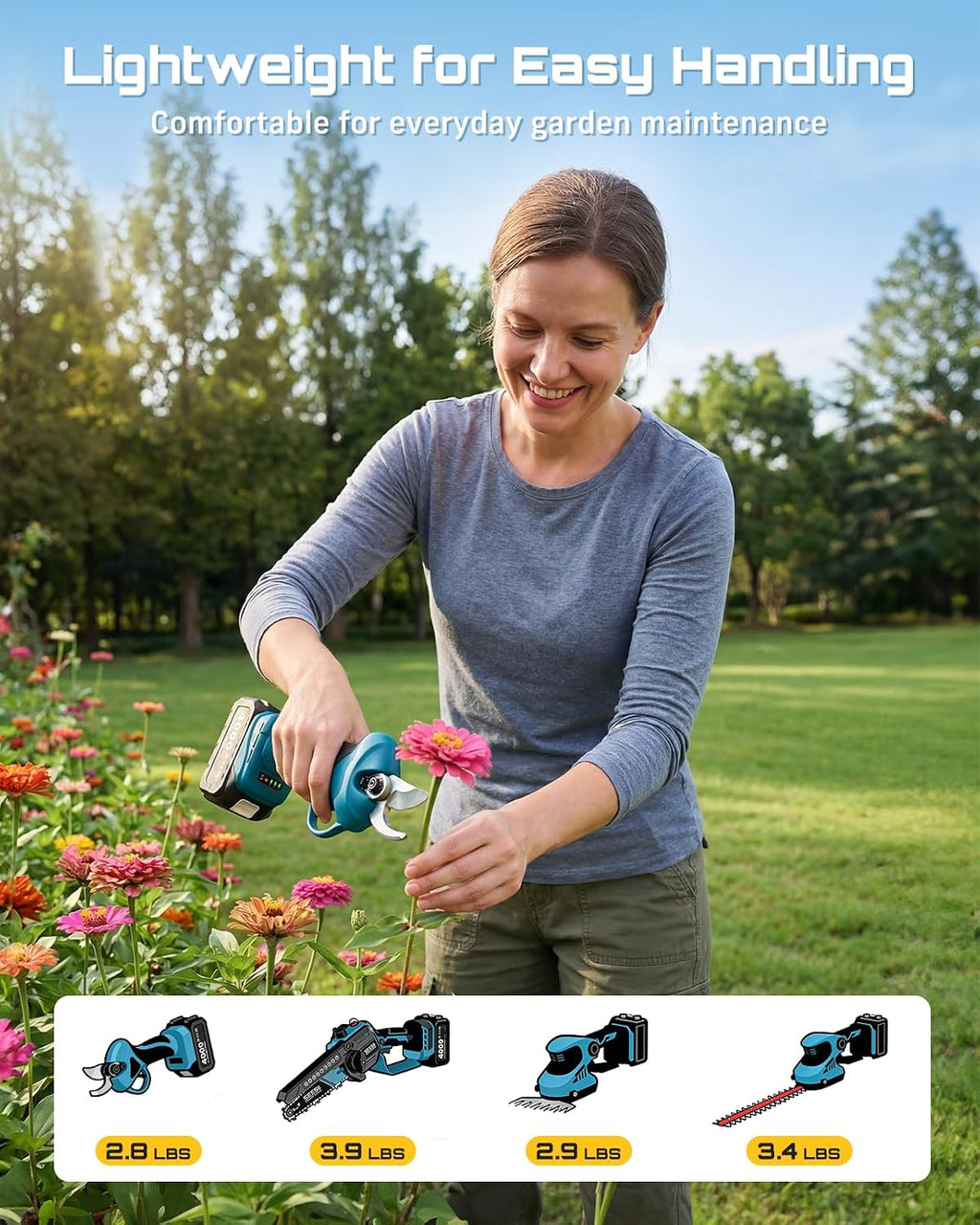 SEESII Electric Chainsaw Trimmer Pruner: 4-in-1 Cordless Chainsaw, Hedge Trimmer, Pruning Shears with 2× Rechargeable 4000mAh Batteries, Garden Tool Kit for Tree Trimming and Branch Cutting