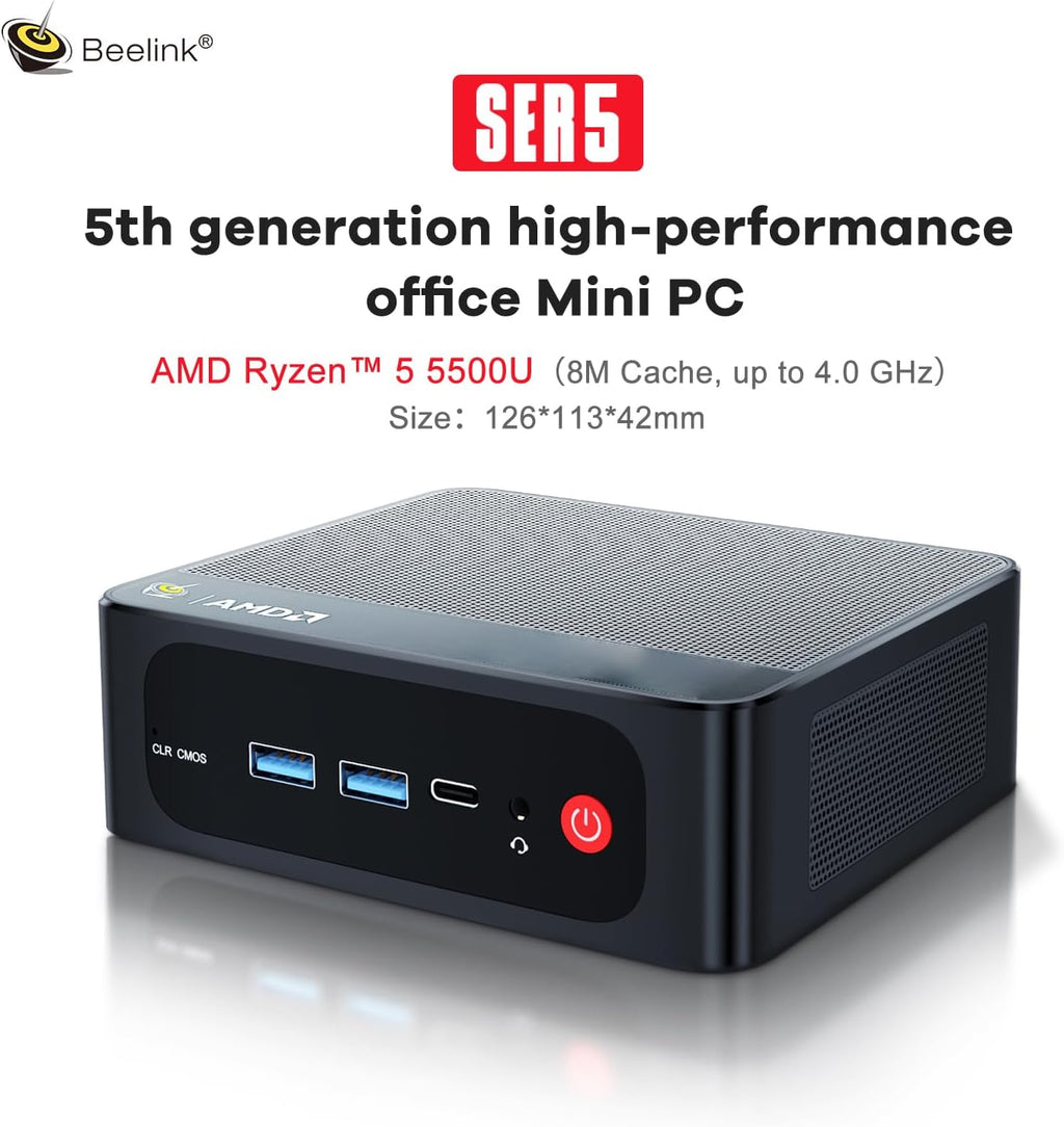 Beelink SER5 Mini PC, AMD Ryzen 5 5500U(up to 4.0GHz) 6C/12T, Mini Computer 32GB DDR4 RAM 500GB NVMe SSD, Mini Desktop Computer 4K@60Hz Dual Display HDMI&DP WiFi6/BT5.2/WOL/HTPC/W-11 Pro