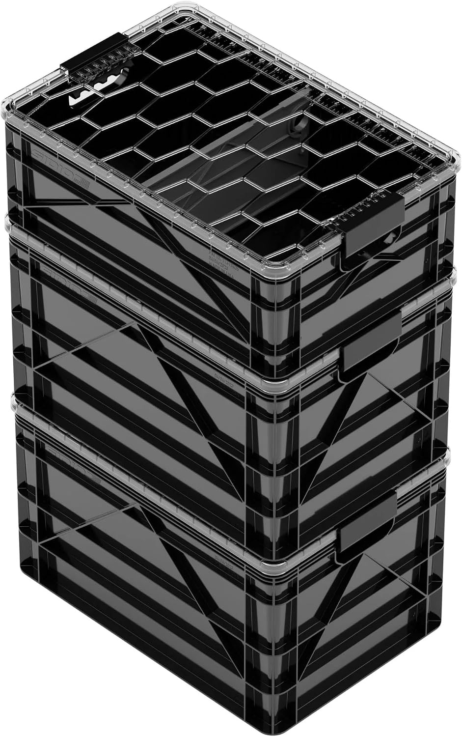 SIDIO CRATE Starter Pack - Two Full Size and One Half Size SidioCrate, Stackable Outdoor Organizer Storage Bins with Clear Lid and Dividers - Black