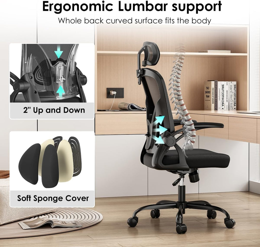 Farini Ergonomic Office Chair, Home Office Desk Chair with Headrest, High Back Swivel Computer Chair with Armrests and Adjustable Lumbar Support for Home Office Study Room, White & Black