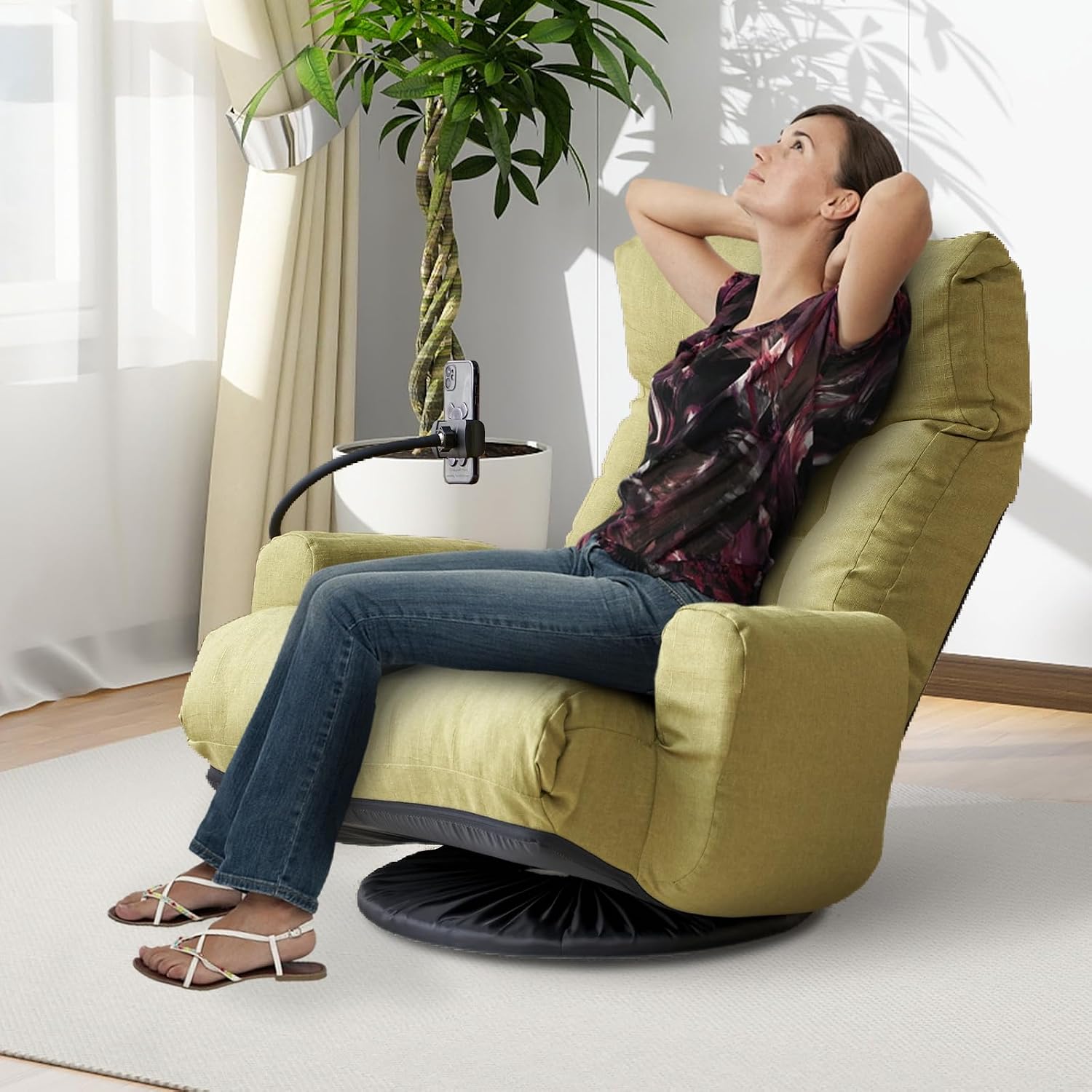 360° Swivel Floor Green Gaming Chair Linen Folding Lounge Sofa Chair with Adjustable Head and Waist, Armrests & Phone Holder, Padded Cushion Leisure Chairs for Living Room Bedroom
