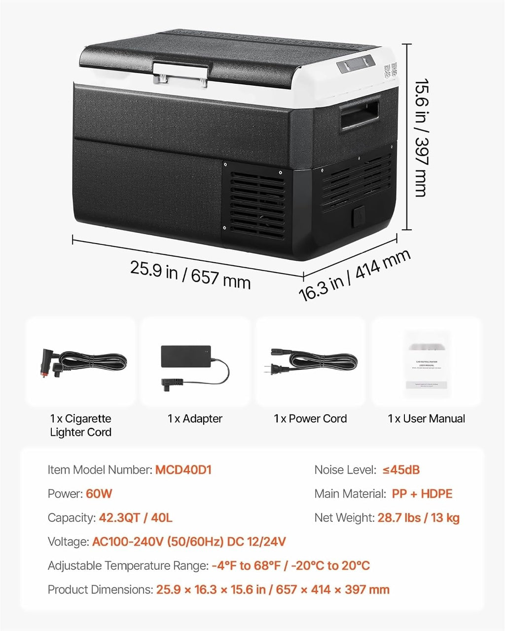 12 Volt Car Refrigerator 42.3QT, Portable Fridge Freezer -4°F~68°F, DC 12/24V & 110-240V, Compressor Cooler for Camping, RV, Travel