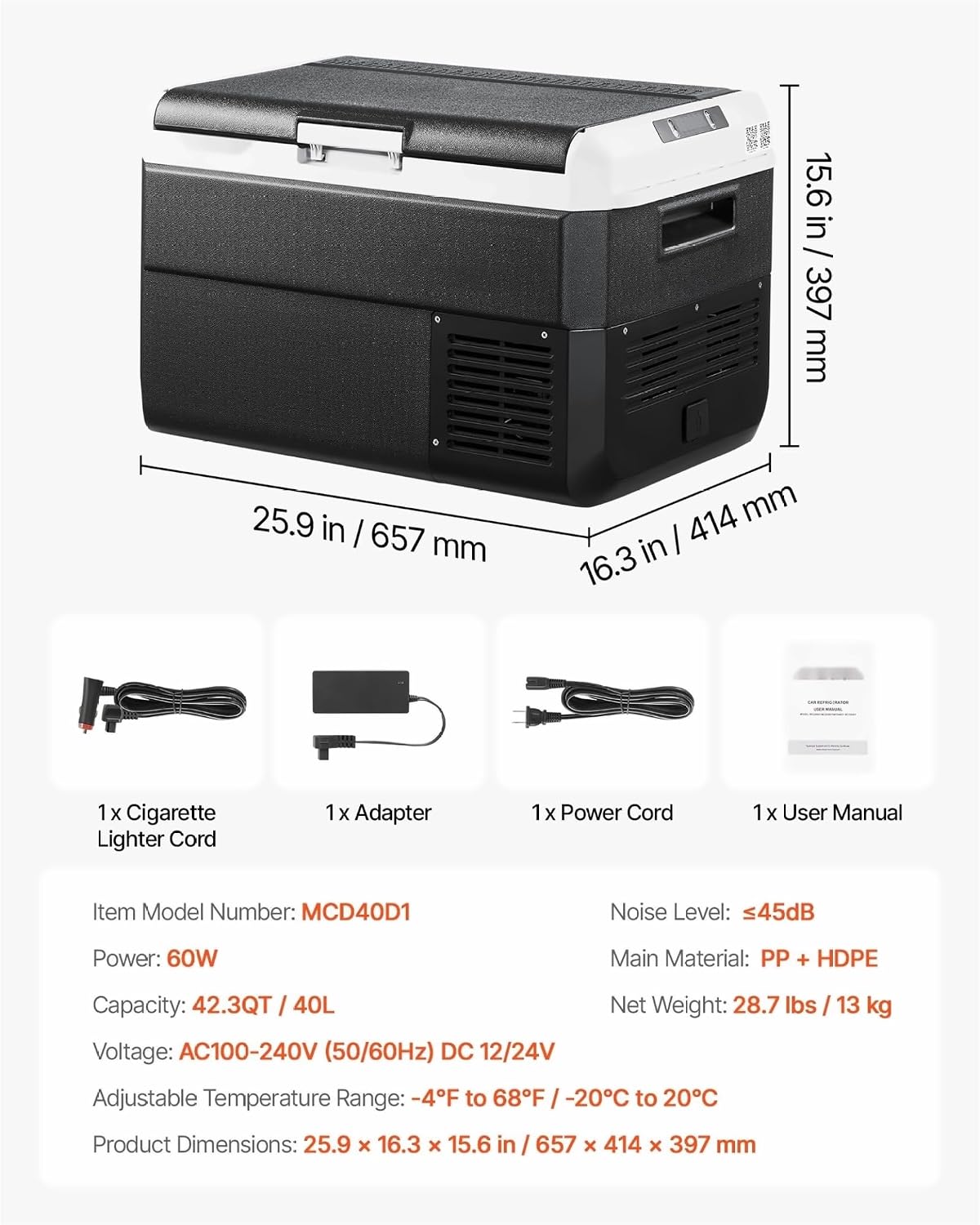 12 Volt Car Refrigerator 42.3QT, Portable Fridge Freezer -4°F~68°F, DC 12/24V & 110-240V, Compressor Cooler for Camping, RV, Travel
