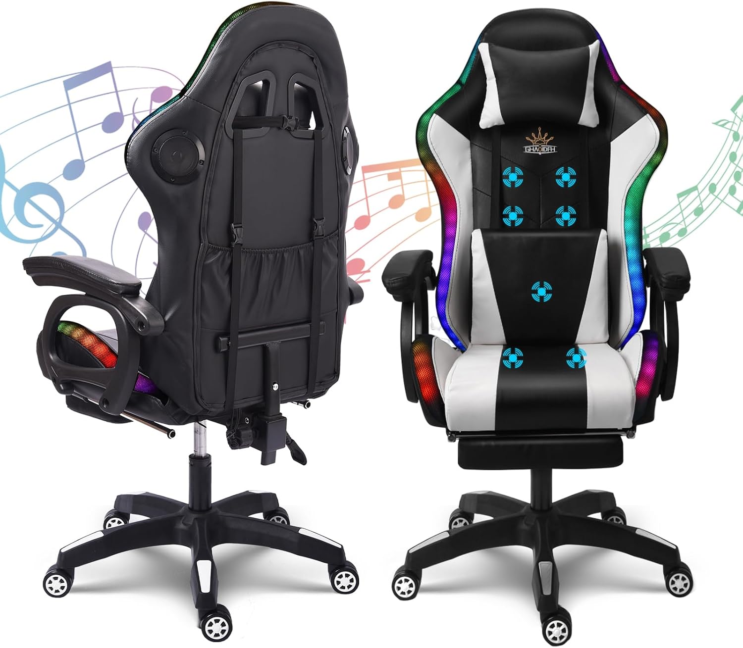 Computer Gaming Chair with Speakers and Massage RGB Video Game Chair Ergonomic Gamer Chair Racing Chair PU Leather High Back Recliner Chair with Lumbar Support Headrest Armrest,White