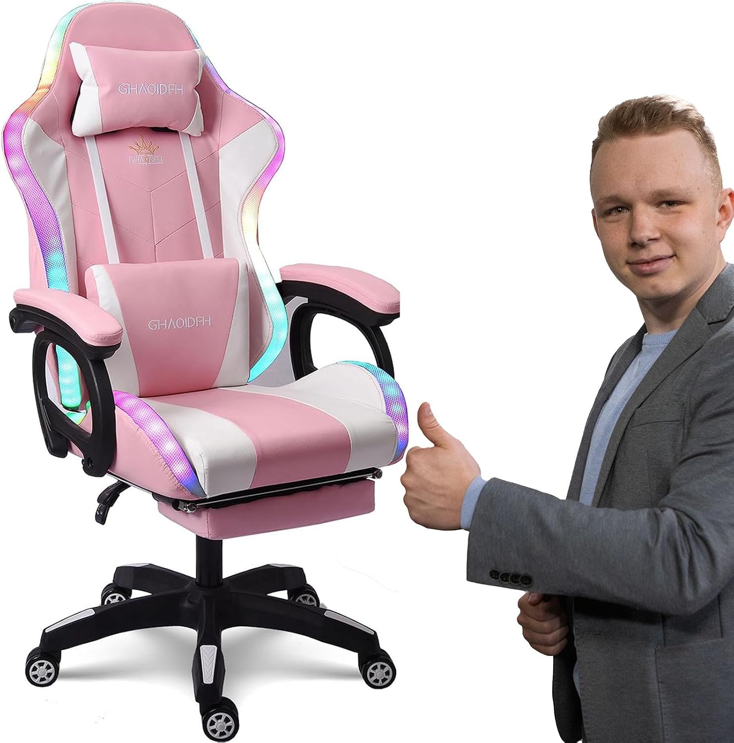 Video Gaming Chair with Footrest,Game Chair with Bluetooth Speakers,Computer Chair with LED Lights,Ergonomic Massage Gaming Chair with Massage Function,360°Swivel 90°-135° Adjustment Backrest (Pink)