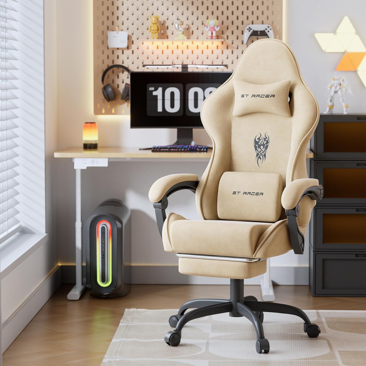 Huracan Velvet Fabric Gaming Chair with Footrest for Adults, Ergonomic Gaming Chairs with Massage Lumbar, Reclining Racing Computer Chair with Spring Cushion for Home Office Video Game, Beige
